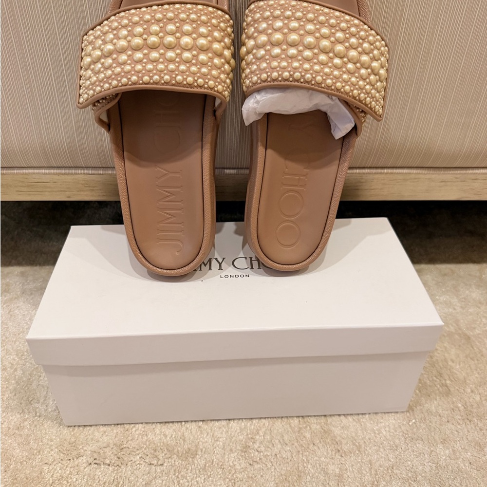 Jimmy Choo Tan Pearl-Studded Slide Sandals - Picture 2 of 3